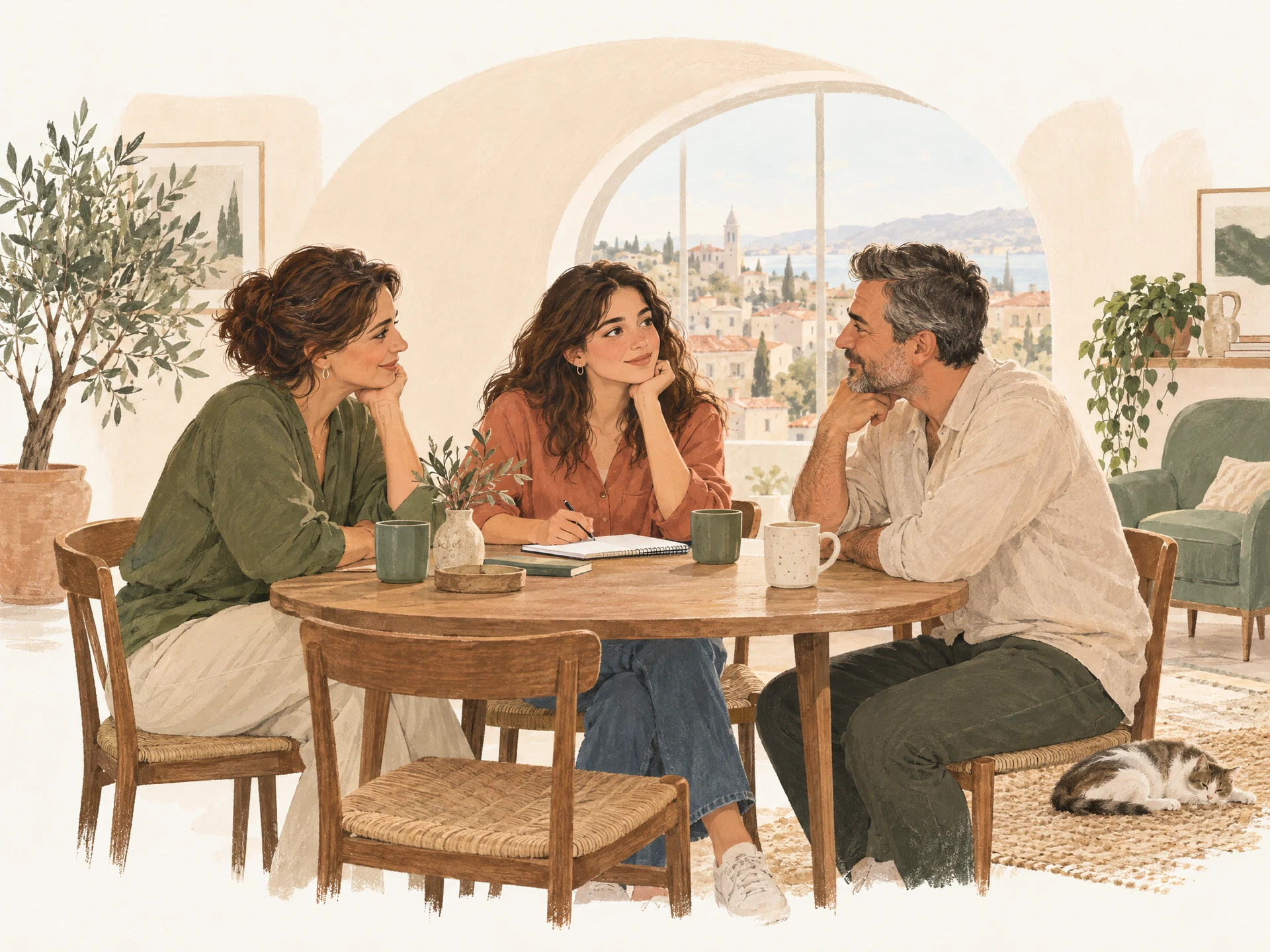 Bir öğrenci ile ailesi aynı masada sakin bir konuşma yapıyor.